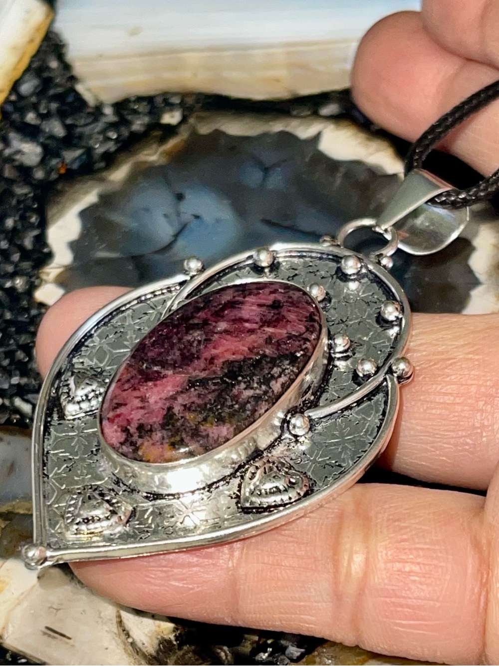 Large Dark Black-Red Rhodonite Crystal Pendant 3”